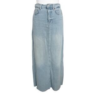 REFORMATION Kass Maxi Denim Skirt Light Wash High Rise Straight Raw Hem Size 25